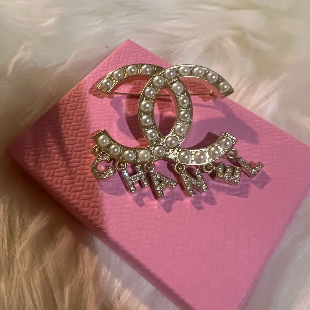 CHANEL Gold-Tone Pearl CC Brooch with Crystal Letter Charms - Gold & White - Picture 5 of 5